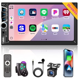Wireless Apple Carplay 7 inch Double Din Car Stereo,IPS Touchscreen,Car Bluetooth 5.2,Car FM Radio,Bakcup Camera,Subwoofer Ports,Car Audio Receiver,Android Auto,Type-C/USB Fast Charging,GPS Navigation