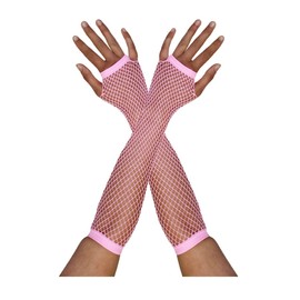 LADIES LONG FISHNET GLOVES 80S FANCY DRESS ACCESSORY FINGERLESS 1980S POPSTAR ICON NEON RAVE ROLLER DISCO 80'S - BABY PINK