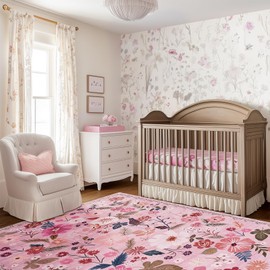 5x7 Area Rug for Nursery Girl Pink Floral Boho Cute Washable Soft Low Pile Non Slip Rugs Vintage Sound Absorbing Stain Resistant Big Carpet Rug for Bedroom Playroom Spring Living Room Dining Room