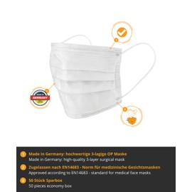 Uvex Pack of 50 Medical Respirator Masks, Type IIR, 3-Layer Surgical Mask, Disposable Mask, White