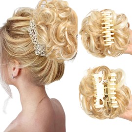 Claw Clip Messy Bun Wavy Chignon Ponytail(Blonde and Beige)