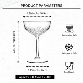 binsakao Martini Glasses Set of 4 - Coupe Glasses 8 Oz - Stemmed Martini Glasses - Elegant Cocktail Glasses for Parties, Gifts, Housewarming, Weddings, Aniversary 250 ml