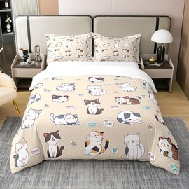 Feelyou Cute Cat Duvet Cover 100% Cotton for Kids Teens Twin Cartoon Kitten Bedding Set fot Cat Lover Comforter Cover Set Light Brown Bedspread Cover 2Pcs(No Comforter)