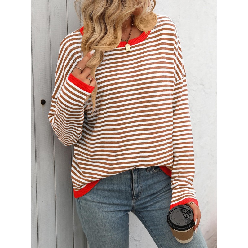 Famulily Crew Neck Striped Pullover for Women Colour Block Long