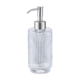 9.5oz Clear Glass Soap Dispenser with Rust-Proof Brushed Nickel Stainless Steel Pump - Refillable Liquid Hand/Dish Soap Dispenser for Bathroom & Kitchen, Vintage Vertical Strip Design