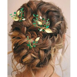 Crystal Wedding Hair Pins Emerald Green Rhinestone Gold Leaf Vine Bridal Hair Piece Accessories for Party Women Girls (Pack of 3) (Emerald Green)