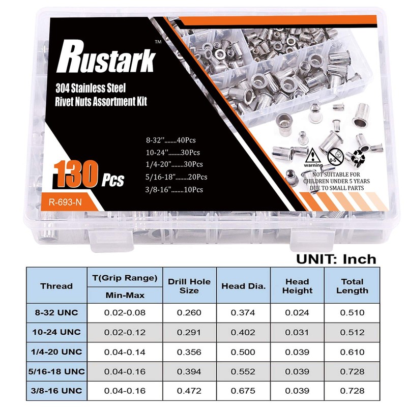 Rustark 130 Pcs 304 Stainless Steel Rivet Nuts Assortment Kit