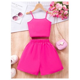 OYOANGLE Girl's 2 Piece Outfit Bow Pearl Cami Crop Top and A Line Cute Skort Set Hot Pink 8Y