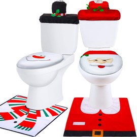 Tatuo Set de Decoración Navideña para Baño de 6 Piezas Incluye 3 Funda para Inodoro con 3 Forma de Muñeco de Nieve Papá Noel Alfombra Cubierta Tanque Decoraciones Navideñas Rojas para el Baño