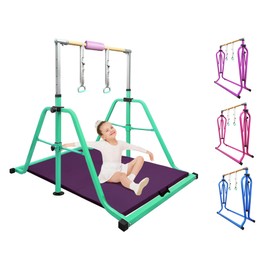 kechery Foldable Gymnastics Bar with Mat, Rings and Bar Pad for Junior Kids, 3'-5' Adjustable Height and Expandable Gymnastics Horizontal Bar Indoor Equipment for Kid's Training at Home.