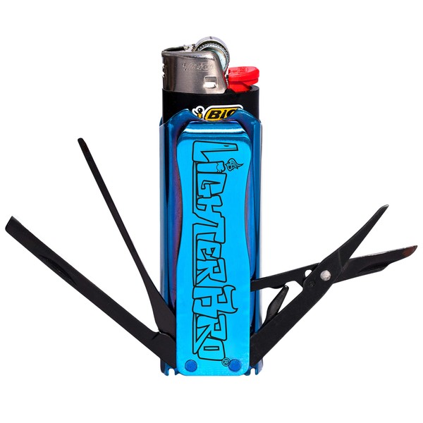 LighterBro Blue Steel - Stainless Steel Sleeve to Transform Your Pocket Lighter - Lighter Case with Poker, Super Sharp Knife & Scissors, Bottle Opener, Screwdrivers, & Keychain Holder