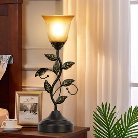 Bedside Lamps Set of 2, 19.5 Inch Table Lamp for Bedroom Touch Control 3-Way Dimmable, Lamps for Night Stands with USB & Type C Ports, Vintage Leaf Branch Amber Glass Shade Table Lamp for Living Room