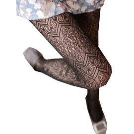 SurBepo Women Fishnet Hollow Out Knitted Patterned Thick Warm Stockings Tights Vertical Strips Pantyhose For Female(C-Black, One Size)