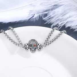 REDSUN Skull Bracelet 925 Sterling Silver Skull Rose Bracelet Gothic Punk Skull Bracelet Christmas Gift for Goth Lovers Women Men, Sterling Silver