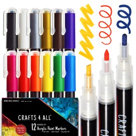 Crafts 4 ALL Acrylic Paint Pens - Markers For Painting Rock, Stone, Ceramic, Glass, Wood, Canvas - Set of 12 Colors, Fine tip 3mm Bullet, Fine, Chisel - Easy To Use Crafting Supplies