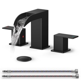 QFN Matte Black Bathroom Faucet 3 Hole, 8 Inch Widespread Square Sink Faucet Bathroom with Metal Pop-up Drain and 24" CUPC Supply Line, Lead-Free 2 Handles for Vanity, Restroom, Lavatory and Mall