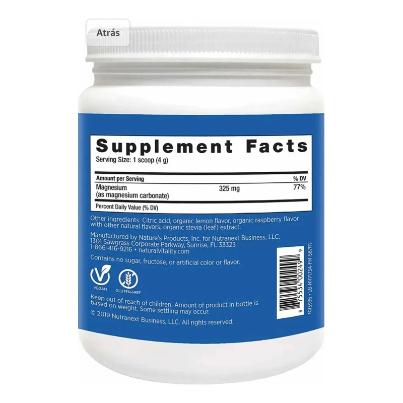 Natural Vitality Calm Citrato Magnesio Frambuesa Limón Orgánico 567g