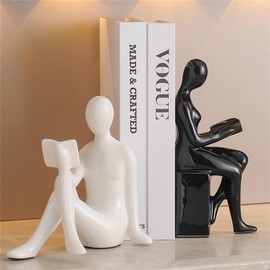 Book Reader Statue Ceramic Decorative Bookends, Black and White Book Ends for Books, Shelf Decor Aesthetic Modern Book Holder
