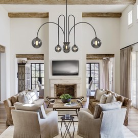 Kveosv Black Sputnik Chandelier, 6-Light Modern Chandelier for Dining Room, Living Room, Foyer, 41.2" Diameter, 30.4"-69.6" Adjustable Height, Smoke Gray Glass Shades