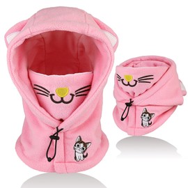 AYPOW Children's Winter Thermal Fleece Balaclava 4-12 Years, Multifunctional Windproof Adjustable Face Mask, Ski Mask, Warm Hat, Balaclava Neck Warmer Scarf Boys Girls Outdoor Activities, Cat RosaA