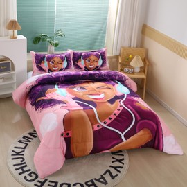 African American Black Girl Comforter Set for Kids and Adults, Twin Size Girls Love Music Purple Hair Themed Bedding Comforter with 2 Afro Hair Magic Girls Pillowcases - 68" x 86"