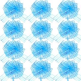 12 Pieces Pull Bow Large Organza Gift Wrapping Pull Bows with Ribbon Wedding Gift Wrapping Baskets (Light Blue,8 Inch)