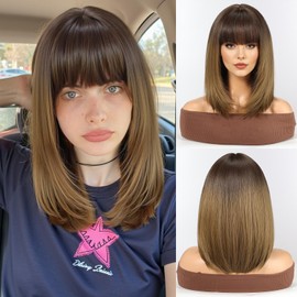 WOKESTAR Staright Wig with Fringe Synthetic Mid-length Layered Wigs for Women Ombre Brown Color