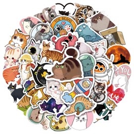 50pcs Cute Cat Stickers, Vinyl Waterproof Aesthetic Stickers Decals for Water Bottles Laptop Scrapbook Kawaii Kitten Animal Stickers Pack, Cat Gifts Merchandise Stuff Things for Adults Teens Kids