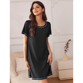 Ekouaer Nightgowns for Women 2 Pack Night Gowns Short Sleeve Sleepshirts Pullover Nightshirts Soft Sleepwear Black/Cherry Blossoms Large