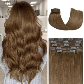 Honsoo Clip in Real Human Hair Extensions, Chestnut Brown 22inch 70g 7pcs Straight Silky Brown Natural Hair Extensions
