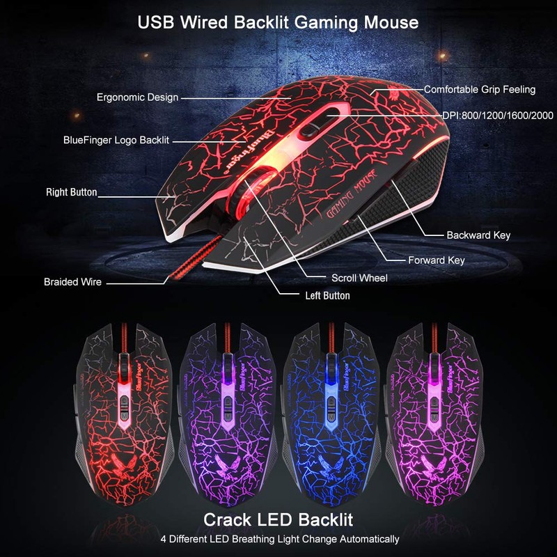 BlueFinger Gaming Keyboard Mouse Headset Combo, USB Wired Crack Backlit,114