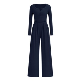 PRETTYGARDEN Jumpsuits for Women Dressy Casual 2025 Fall One Piece Outfits Long Sleeve Crew Neck Wide Leg Pants Rompers (Navy Blue,Large)