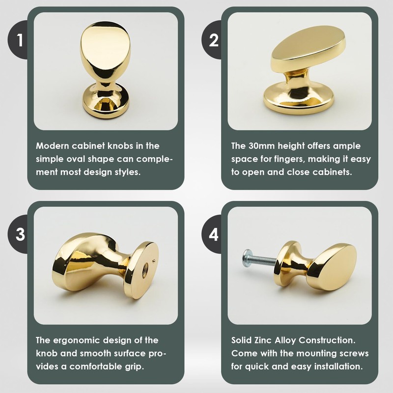 FURFITT 10 Pack Polished Gold Cabinet Knobs Solid Zinc Alloy