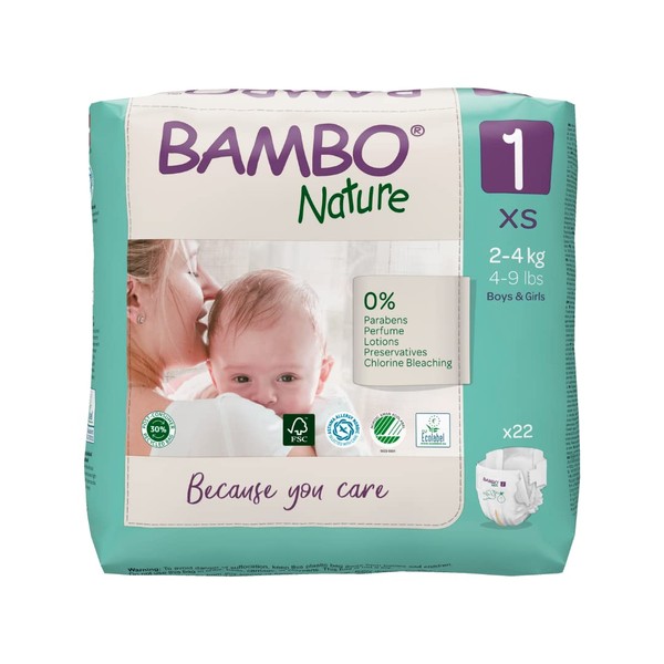 Bambo Nature Premium Eco Nappies, Eco-Friendly Newborn Nappies, Enhanced Leakage Protection, Secure & Comfortable Baby Nappies, Newborn Essentials - Size 1 Nappies (4-9 lb/2-4 kg), 22PK
