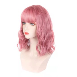 POCREATION Peluca Rizada Sintética Multiusos con Flequillo para Mujer: Peluca de Pelo Corto Ondulado, y Transpirable, Gorra Ajustable, Adecuada para la Vida Diaria, Actividades (Rosa