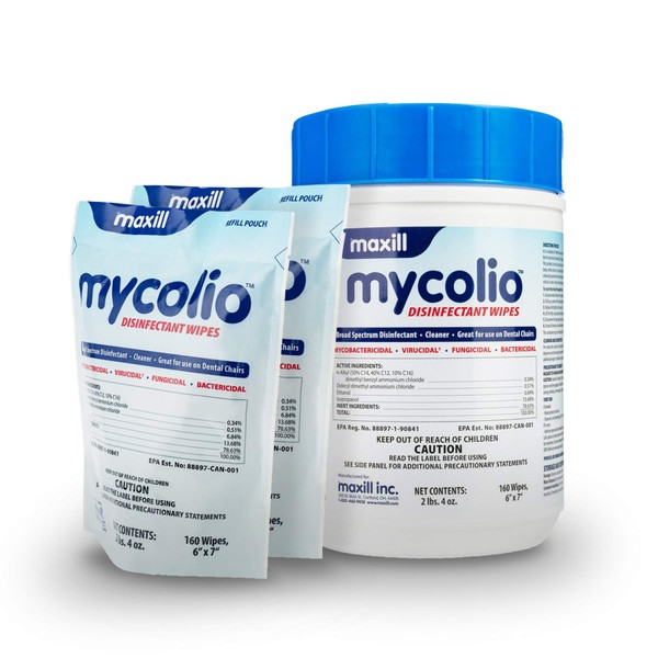 Mycolio Hospital Grade Disinfectant Wipes - 6" x 7" - Disinfecting Antibacterial Sanitizing Cleaning Wipes - 1 Canister + 2 Refill Pouch