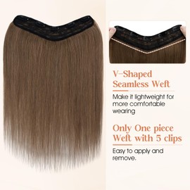 SLEEKALON Brown Real Human Hair One Piece Clip in Hair Extensions 3/4 Full Head Clip on Hair Extensions for Women V-Shaped Weft Clip in Hair Extensions Silky Straight Thick Ends(12",Light Brown)