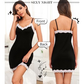 Wikoan Negligee Women's Sexy Babydoll Short Nightdress Lace V-Neck Night Dress Summer Nightgowns Women's Underdress with Adjustable Straps, black