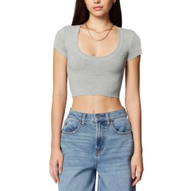 florence by mills Women's Happy Place Lounge Short Sleeve Crop Top, Heather Grey, Small