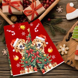 RZQIJ Golden Retriever Christmas Tree Towels Dish Towels Dishcloth, Winter Christmas Holiday Decor for Kitchen Bathroom Home, 16 x 24 Farmhouse Decoration Hand Towels Set of 2. (057)