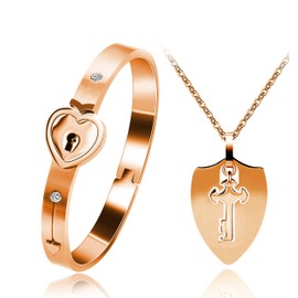 Uloveido Shield Key Necklace and Heart Lock Bracelet for Couples Jewelry Set You Hold The Key to My Heart Rose Gold Color Bracelet Necklace Set for Men and Women Y473