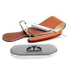 Grandslam Pro - Navaja de afeitar recta de acero inoxidable 420 con mango de madera natural con mango de cuero de primera calidad, kit de afeitado recto para hombres, 2 capas de lona de cuero para afilar un trapo