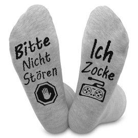 Dealswin Funny Gaming Socks Gamer Gift With Saying "Bitte Nicht Stören Ich Zocke Zocken Socks" Funny Novelty Gifts for Gamers Men Women Christmas Thanksgiving Birthday, Light grey A