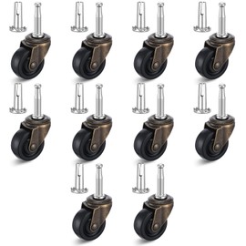 Set of 10 Stem Caster Wheels, Vintage Brass Casters with 1-5/8'' Rubber Wheels, Rubber Caster Wheel, Stem Casters for Table, Sofa, Chest, Dresser, Cabinet, Chair (1.4" Stem and 0.75" Dia Sockets)