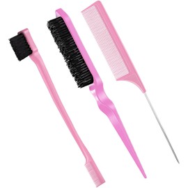 3Pcs Slick Back Hair Brush Set, Curly Hair with Edge Brush, Teasing, Bristle, Rat Tail Comb for Women(Pink)