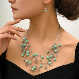 GIGB PBDK Layered Colorful Pearls Necklace Earring Set Boho Multi-Strand Beaded Necklace Earring Dainty Ethnic Style Jewelry Accessory Gift for Women (Green)