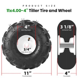 AR-PRO 11x4.00-4" Tiller Tire and Wheel, 3/4" Axle Bore Hole, 3-1/8" Centered Hub, Compatible with Craftsman and Troy-Bilt Tiller, 4Ply Pneumatic (Set of 2)