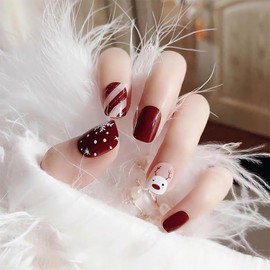 Christmas Press on Nails Short Square Wine Fake Nails with French Tip elk Design Silver Glitter Line False Nails Snowflake Artificial Nails Red Full Cover Glue on Nails for Women DIY Winter Nails