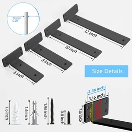 Shelf Brackets Floating Shlef Brackets 8-Inch 6-Packs, 1/5-Inch Thick Heavy Duty Shelving Brackets for Wood Shelves, 8" Hidden Black Metal L Bracket Shelf Bracket Supports with 160 Lbs Load Capacity