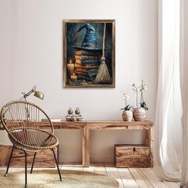 Rustic Long Wooden Framed Art " Witches Hat Rests on Ancient Books near Broom " Farmhouse Style Wall Decor Sign for Tabletop Or Hanging - Durable Handcrafted Wood Print - Home & Office Decoration